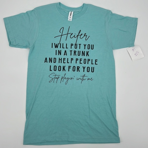 NWT Turquoise 'Heifer' Graphic Short Sleeve Tee Women's sz Small - Picture 1 of 7